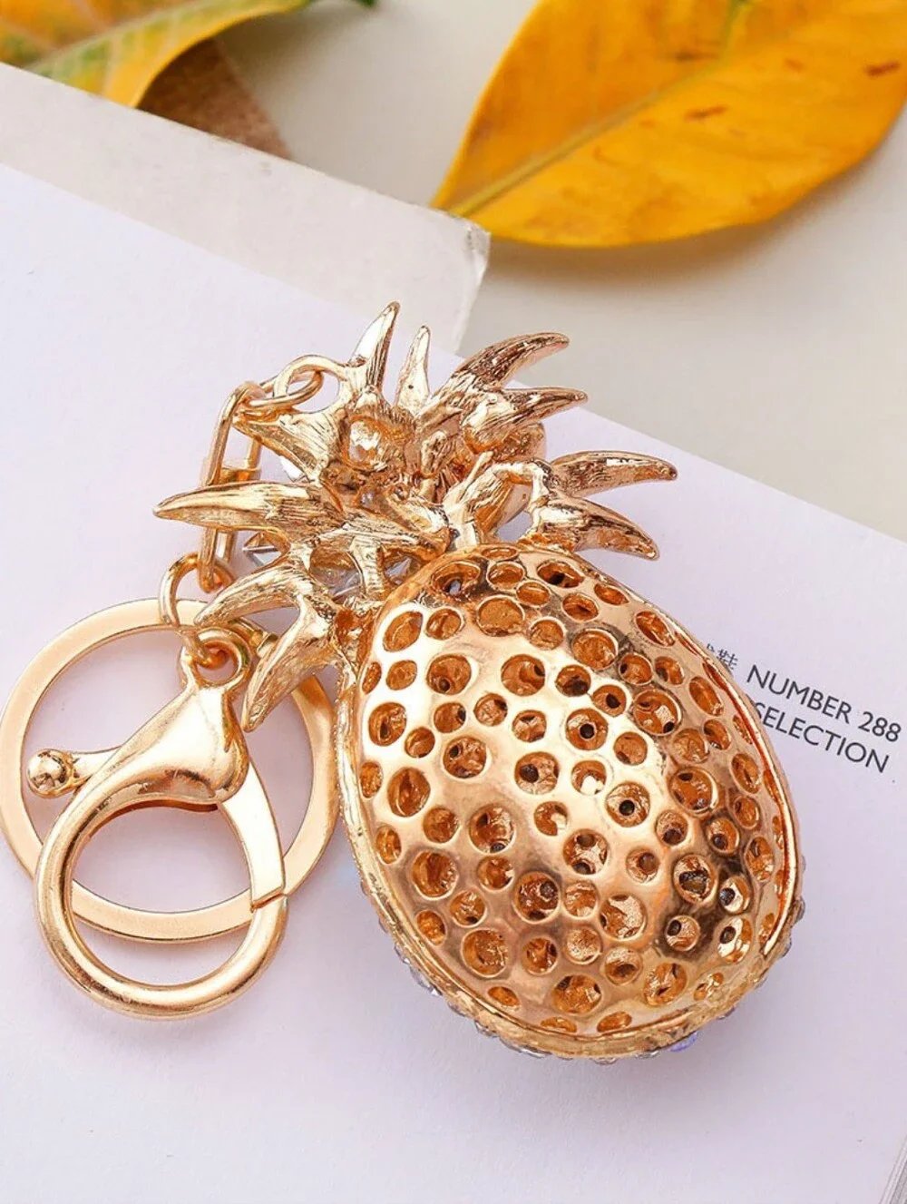 Gold Crystal Pineapple Rhinestone Bag Charm Keychain w/Lt Blue & Green Accents